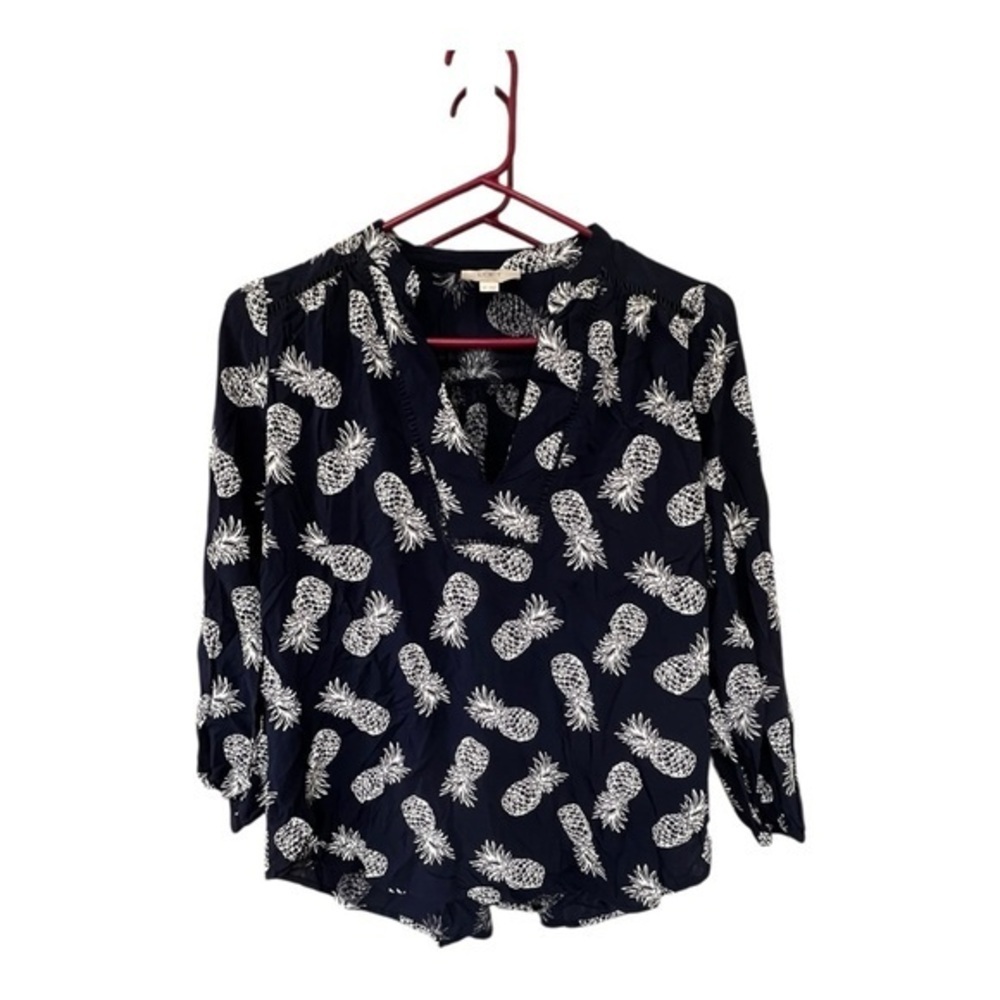 LOFT Navy Blouse with White Pineapple Print
